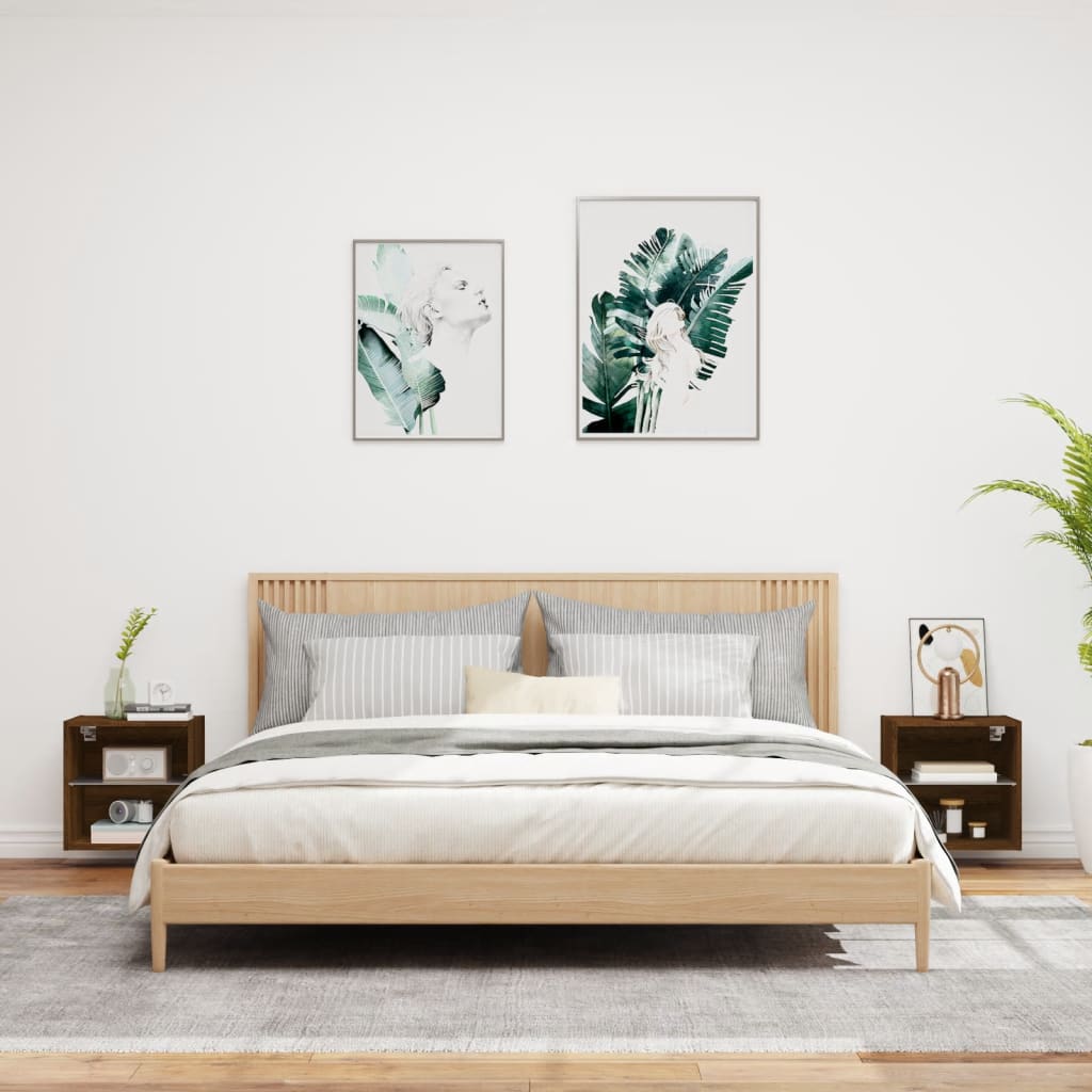 Wall-mounted bedside tables with LED lights 2 pcs. Brown oak look