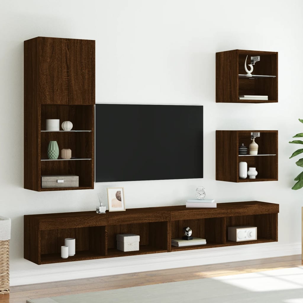 Wall-mounted bedside tables with LED lights 2 pcs. Brown oak look
