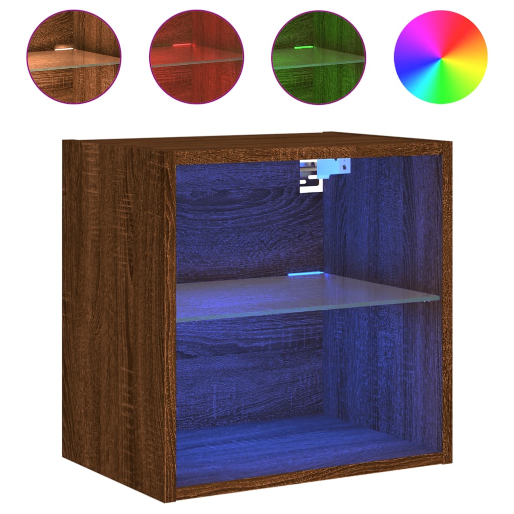 Wall-mounted bedside tables with LED lights 2 pcs. Brown oak look