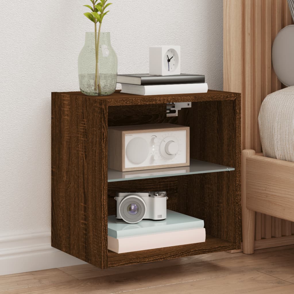 Wall-mounted bedside tables with LED lights 2 pcs. Brown oak look