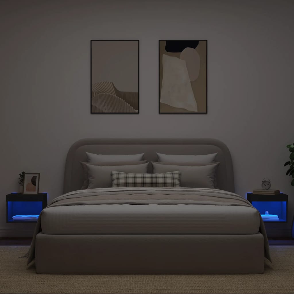 Wall-mounted bedside tables with LED lights 2 pcs. Black