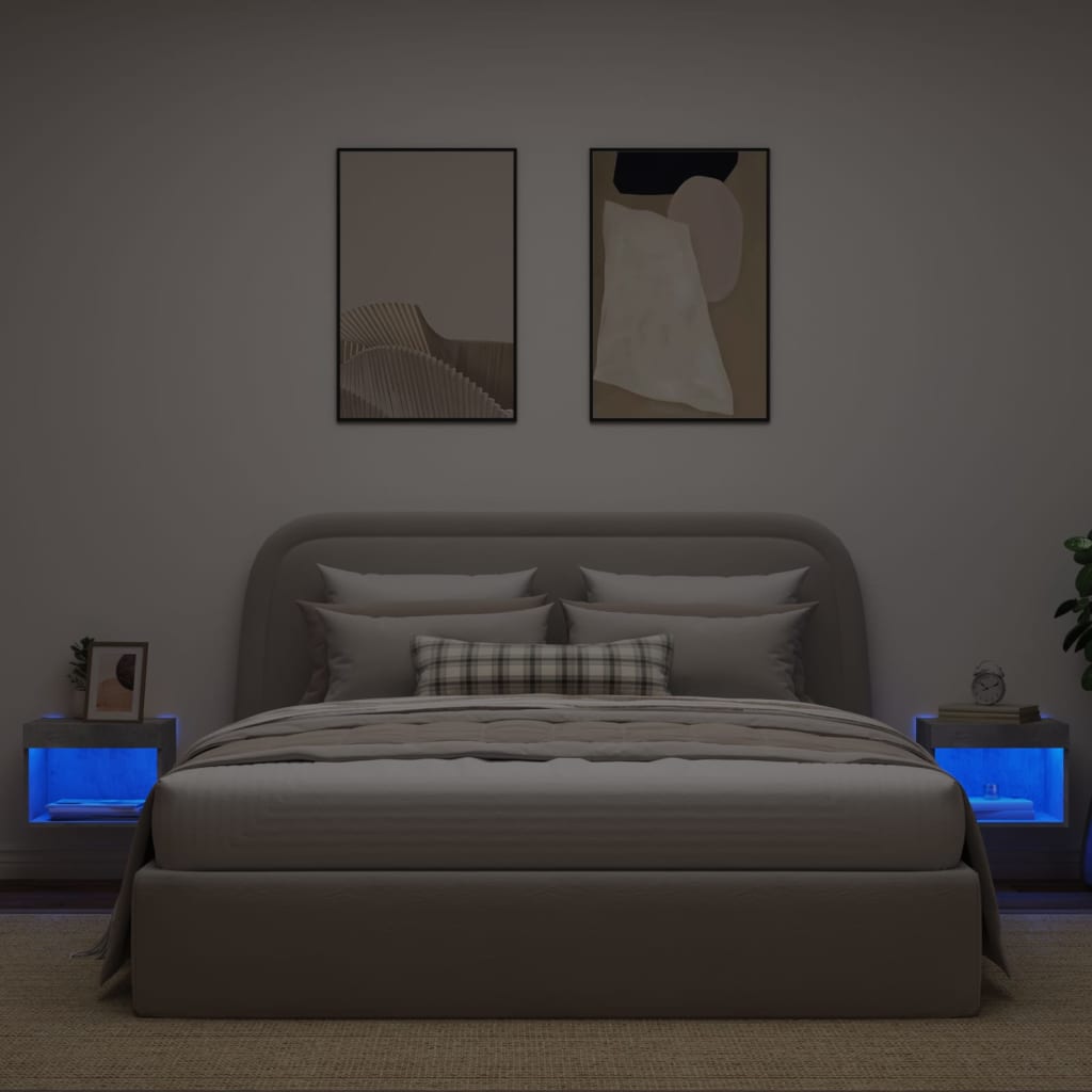 Wall-mounted bedside tables with LED lights 2 pcs. Concrete grey