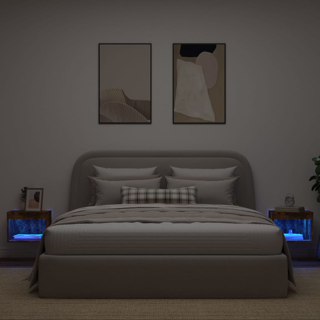 Wall-mounted bedside tables with LED lights 2 pcs. Smoked oak