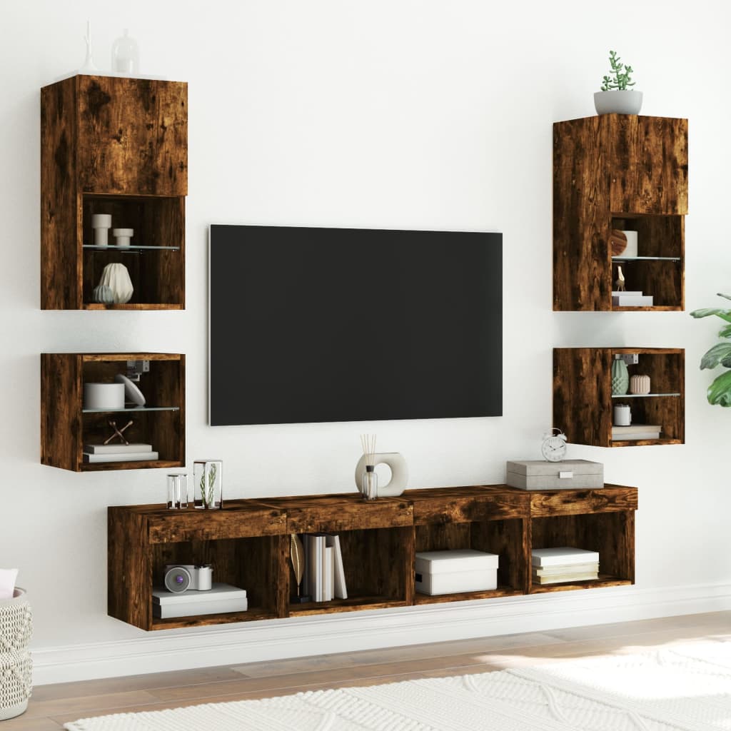 Wall-mounted bedside tables with LED lights 2 pcs. Smoked oak