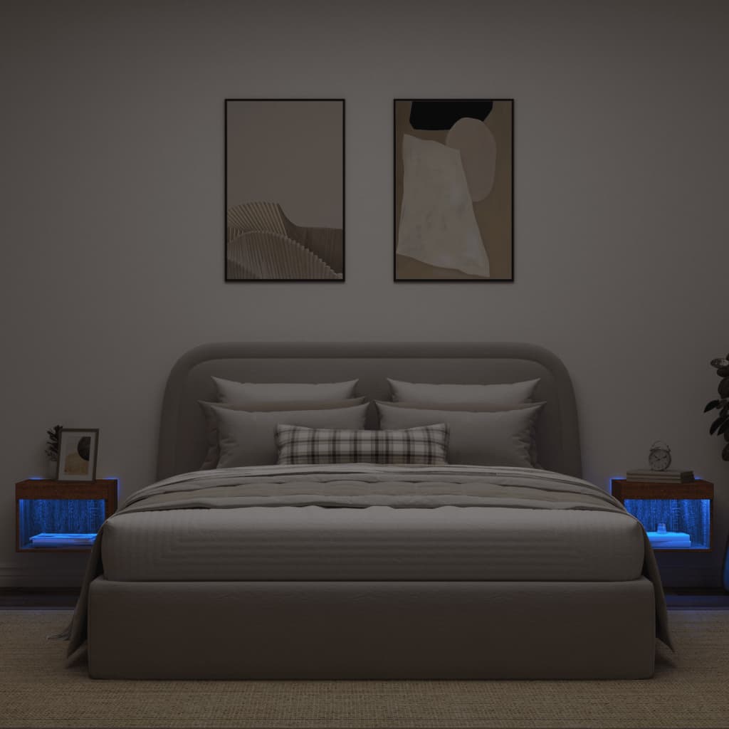 Wall-mounted bedside tables with LED lights 2 pcs. Brown oak look