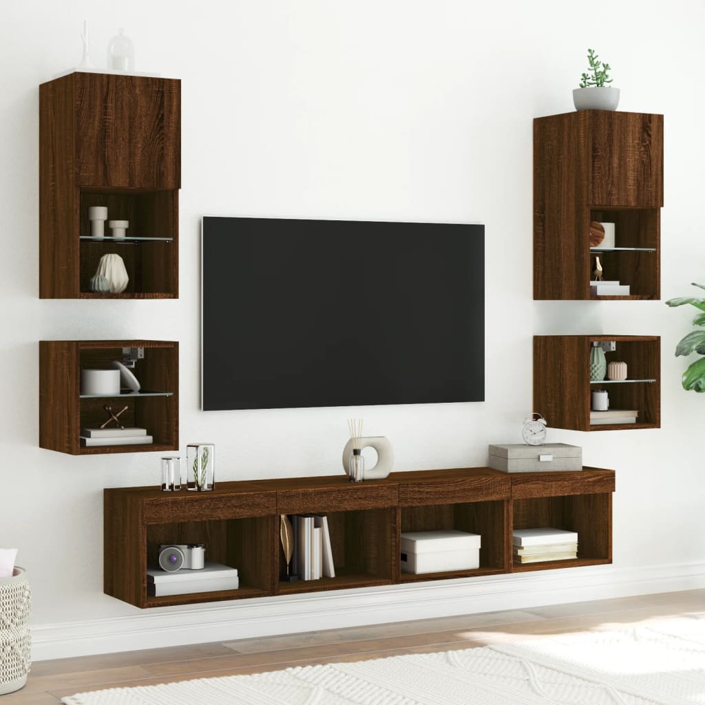 Wall-mounted bedside tables with LED lights 2 pcs. Brown oak look
