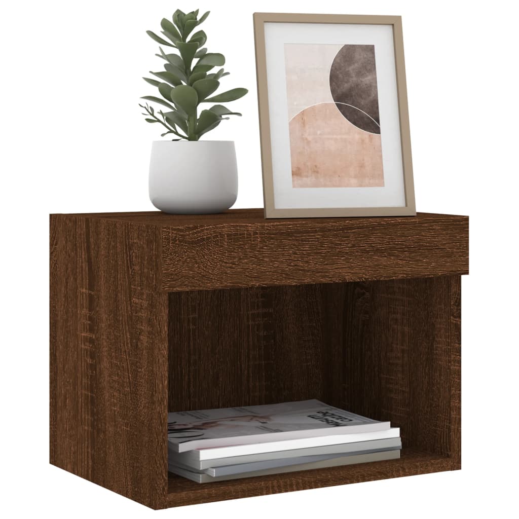Wall-mounted bedside tables with LED lights 2 pcs. Brown oak look