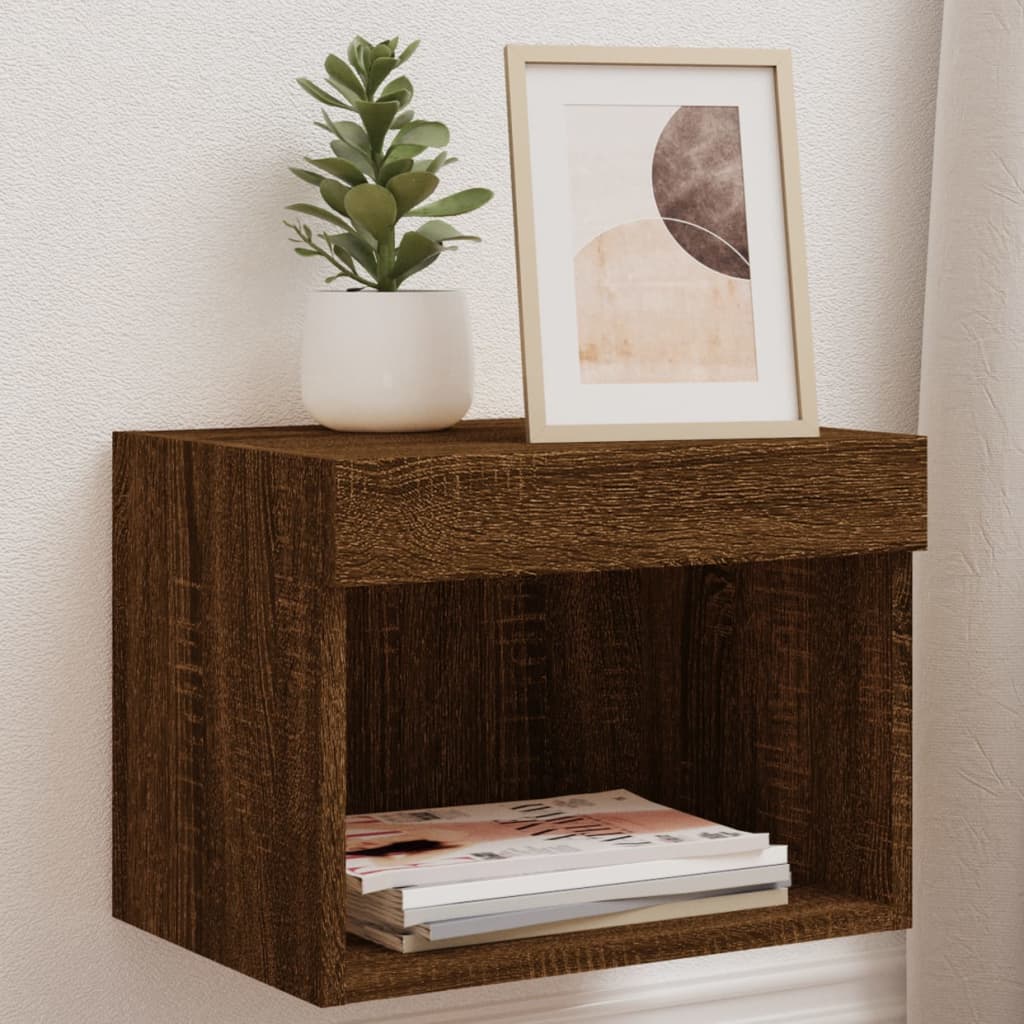 Wall-mounted bedside tables with LED lights 2 pcs. Brown oak look