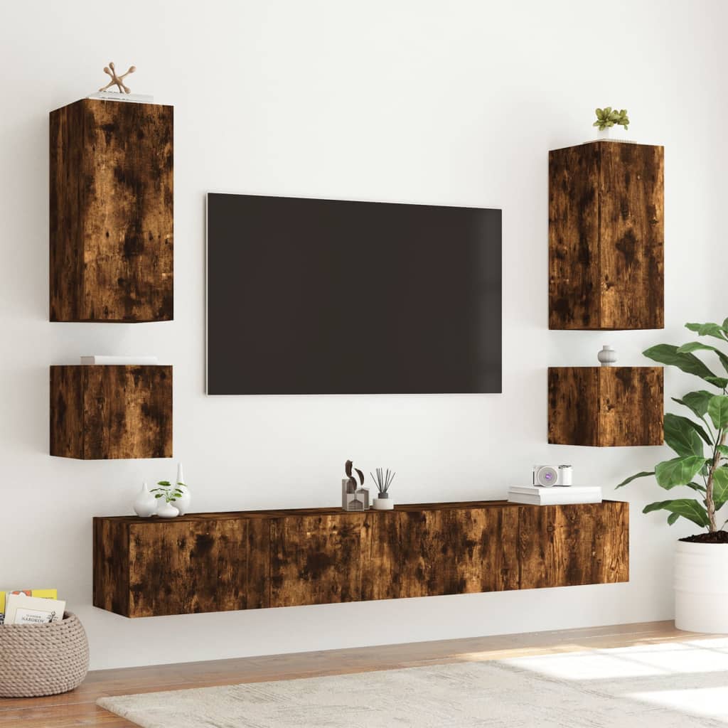 TV wall cabinets with LED lights 2 pcs. Smoked oak
