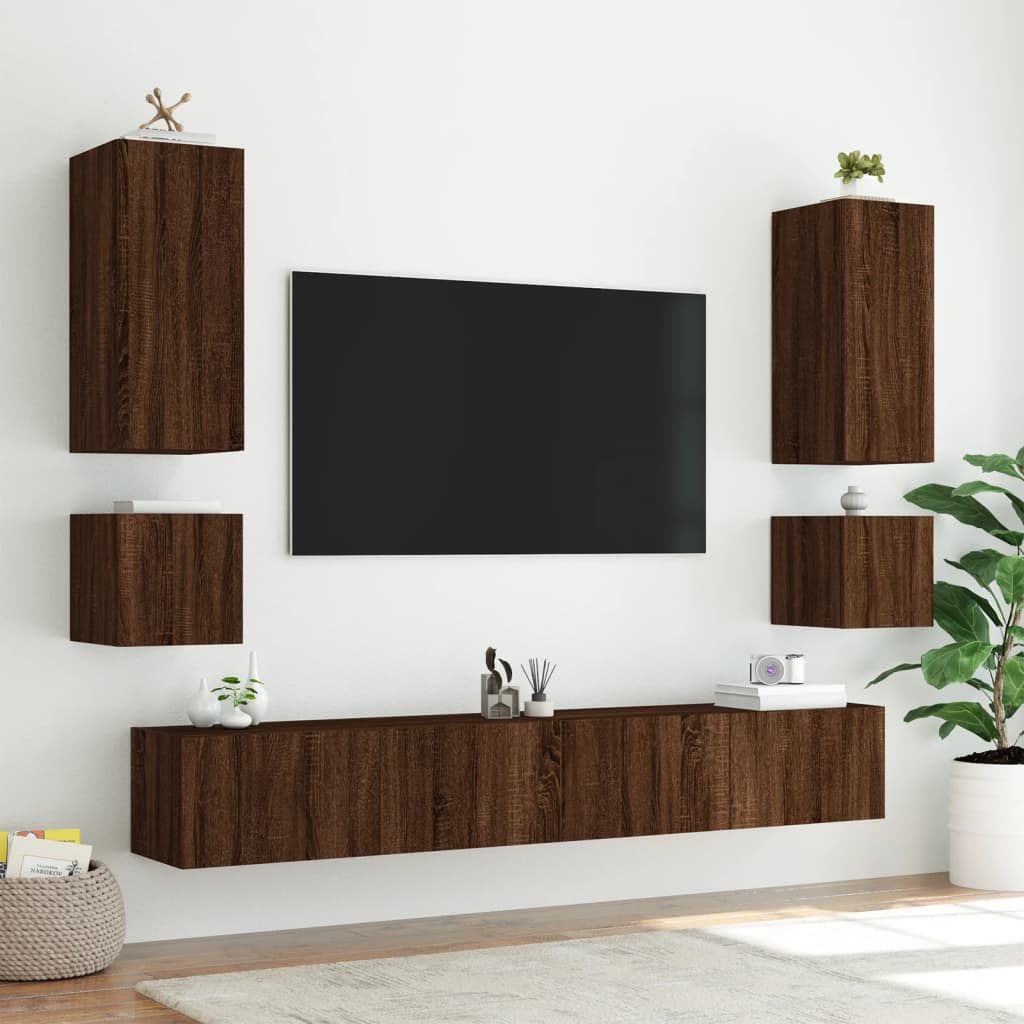 TV wall cabinets with LED lights 2 pcs. Brown oak look