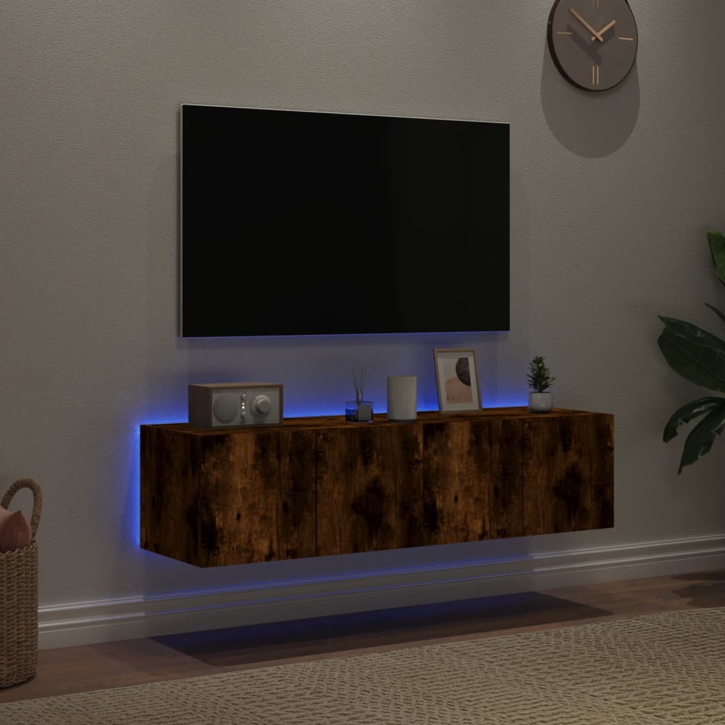 TV wall cabinets with LED lights 2 pieces smoked oak 60x35x31cm