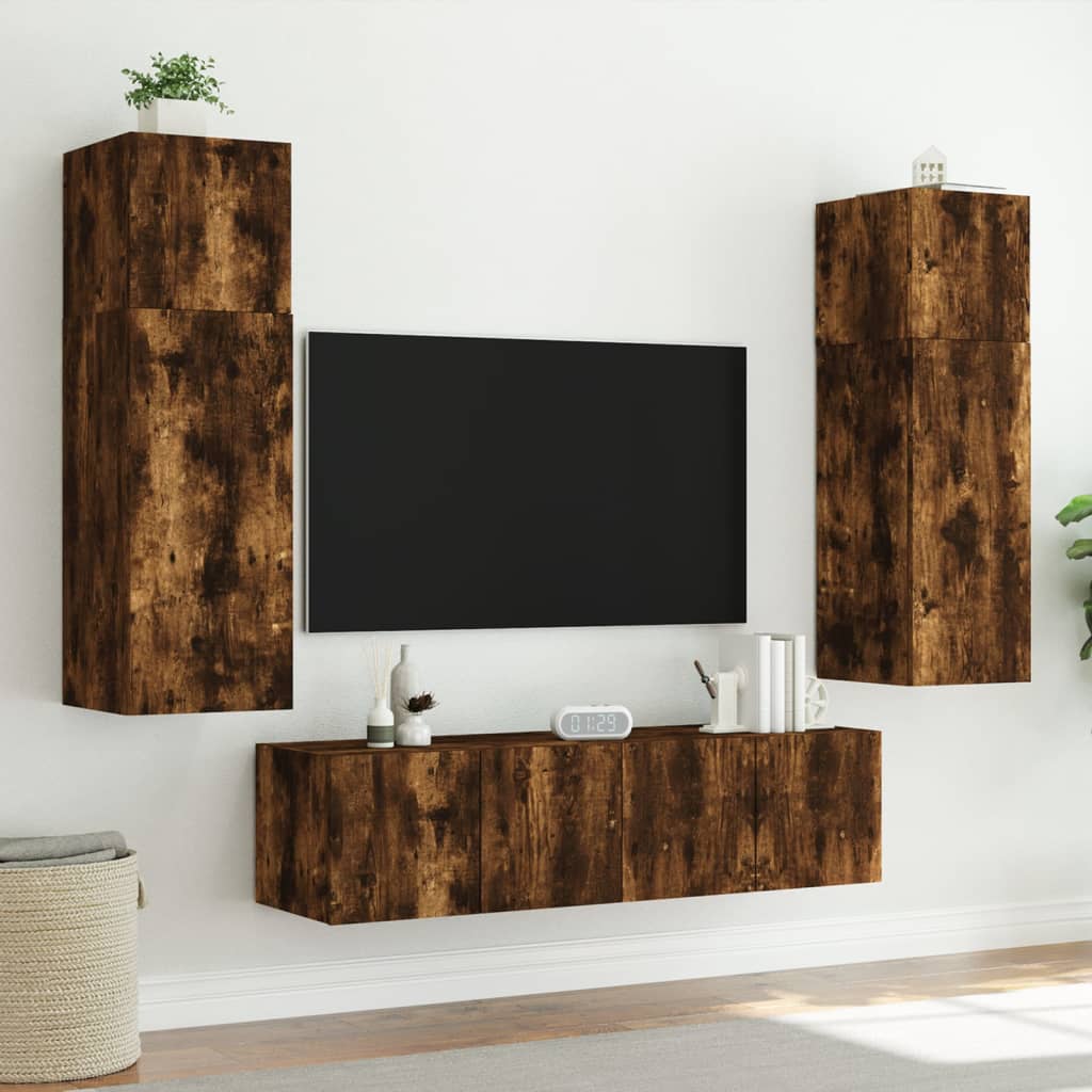 TV wall cabinets with LED lights 2 pieces smoked oak 60x35x31cm