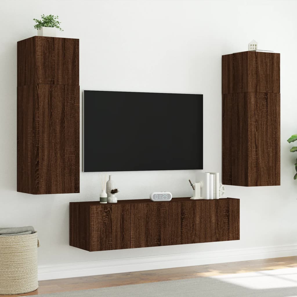 TV wall cabinets with LED lights 2 pcs. Brown oak look