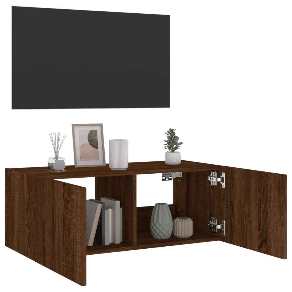 TV wall cabinet with LED lights brown oak look 80x35x31 cm