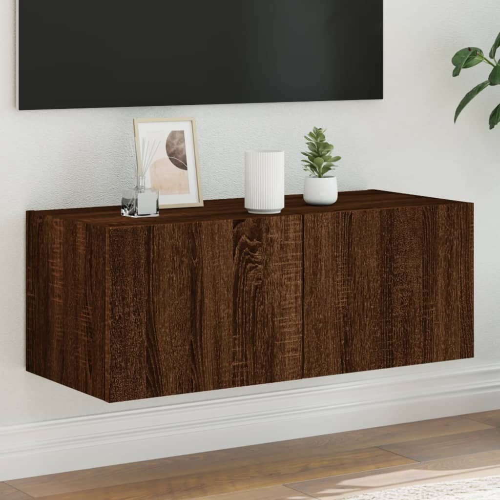 TV wall cabinet with LED lights brown oak look 80x35x31 cm