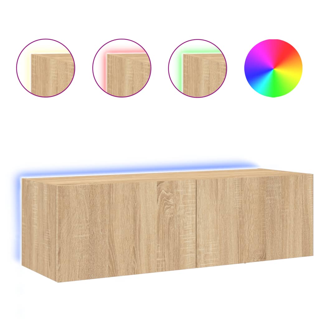 Meuble TV mural avec lumières LED Chêne Sonoma 100x35x31 cm
