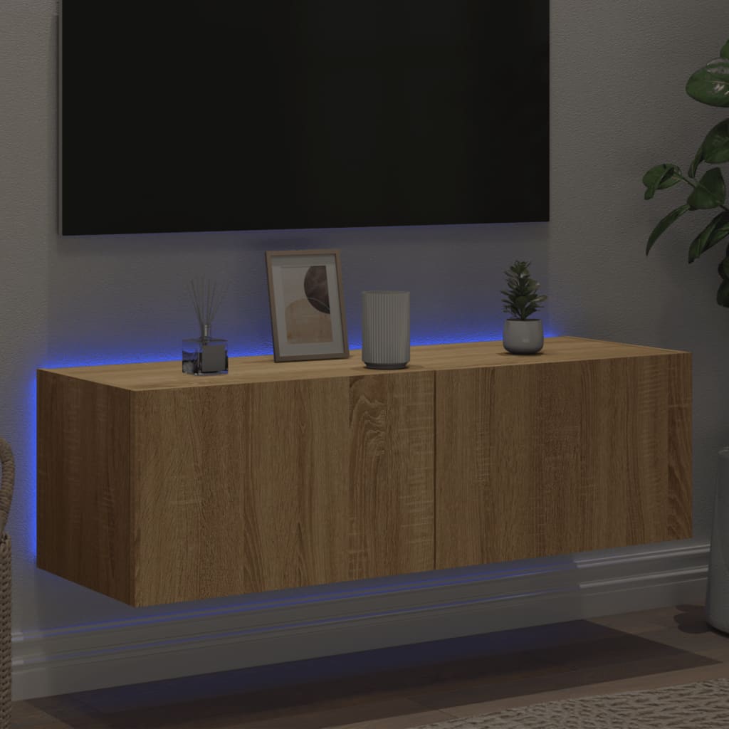 Meuble TV mural avec lumières LED Chêne Sonoma 100x35x31 cm