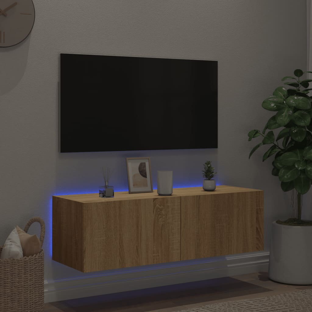 Meuble TV mural avec lumières LED Chêne Sonoma 100x35x31 cm