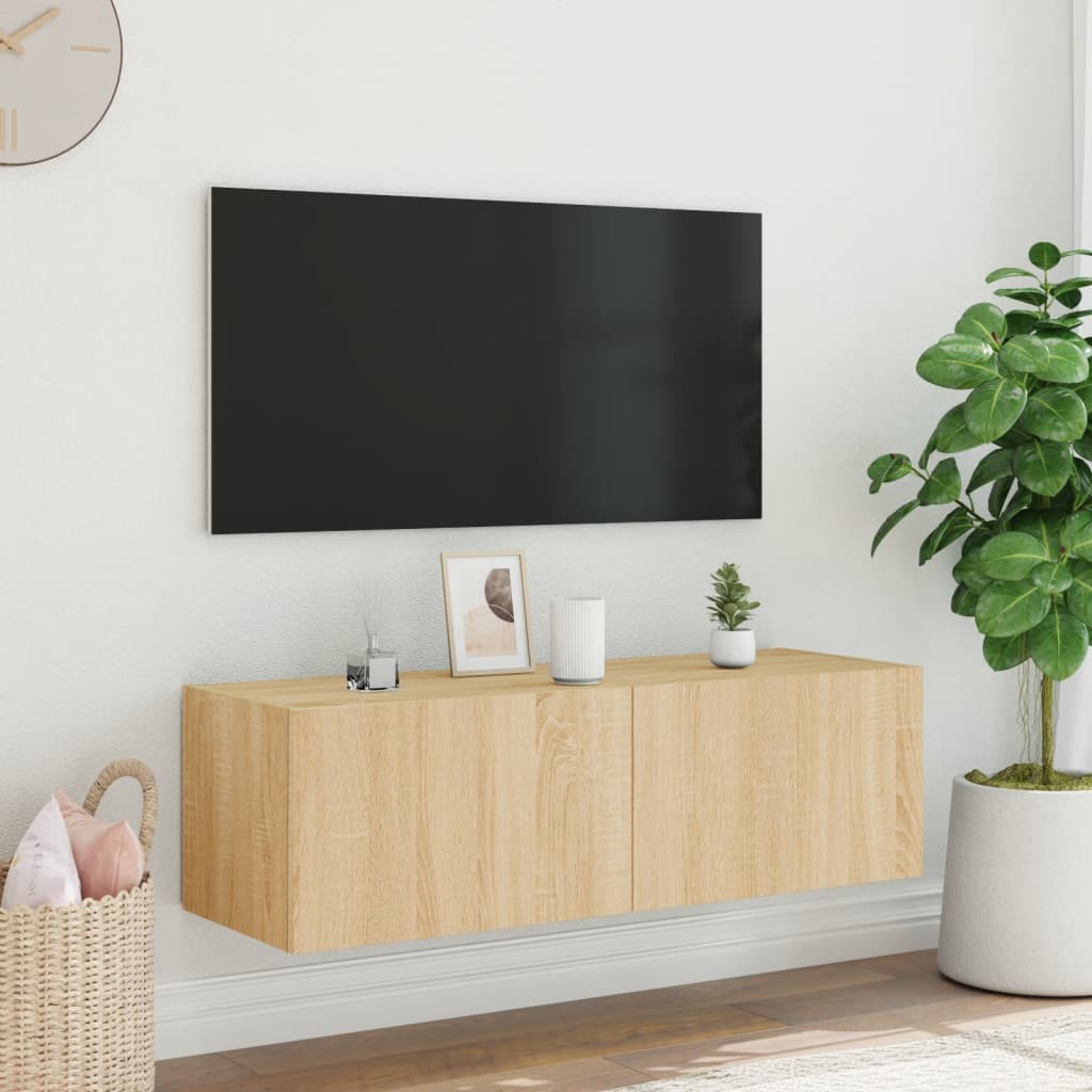 Meuble TV mural avec lumières LED Chêne Sonoma 100x35x31 cm