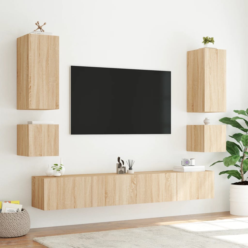Meuble TV mural avec lumières LED Chêne Sonoma 100x35x31 cm