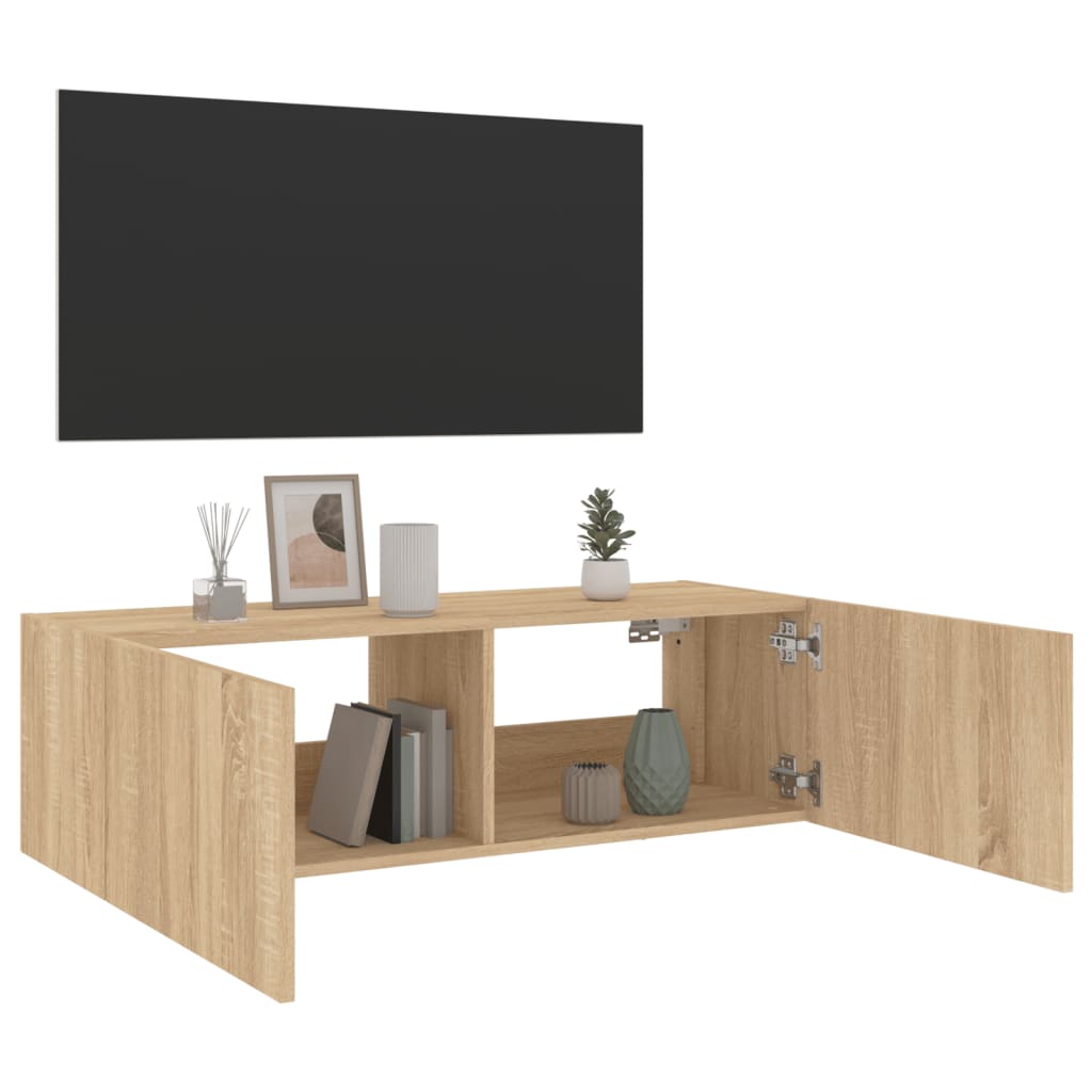 Meuble TV mural avec lumières LED Chêne Sonoma 100x35x31 cm