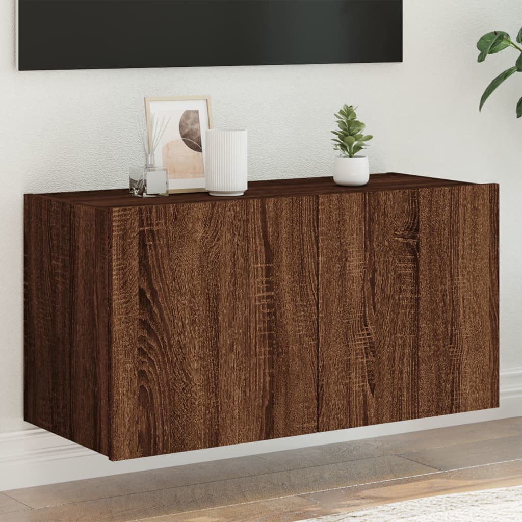 TV wall cabinet with LED lights brown oak look 80x35x41 cm