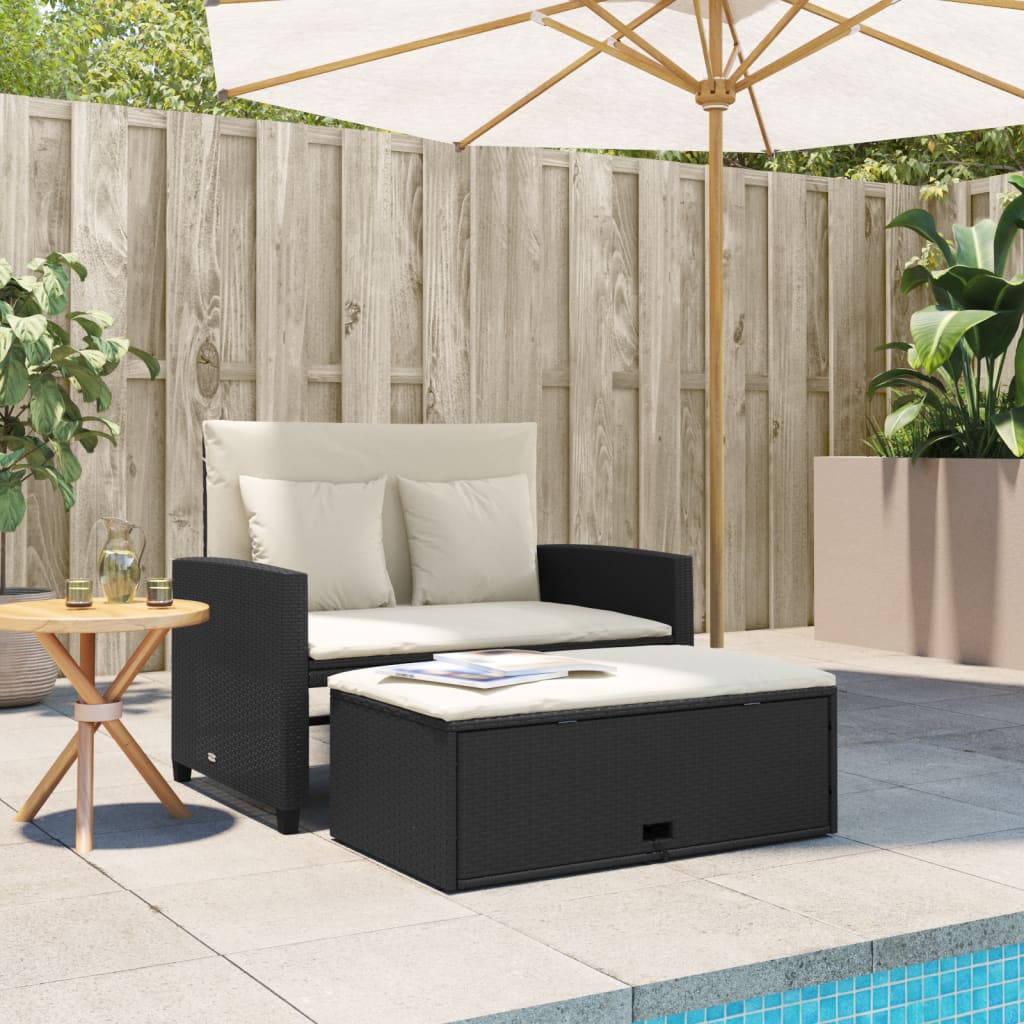 Garden Sofa with Cushions 2-Seater Black Poly Rattan