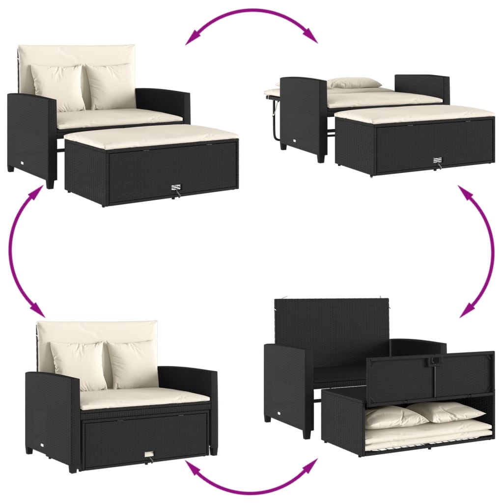 Garden Sofa with Cushions 2-Seater Black Poly Rattan