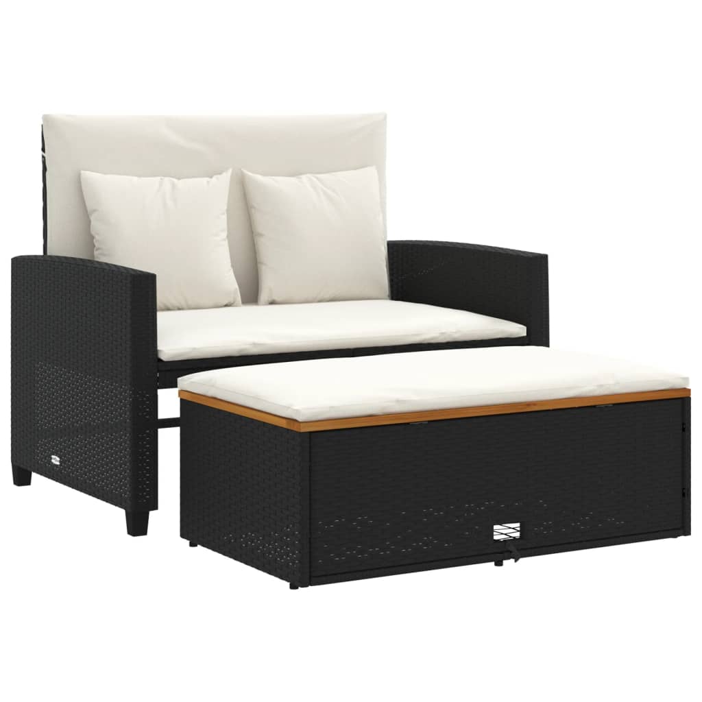 Garden Sofa with Cushions 2-Seater Black Poly Rattan&Acacia Wood