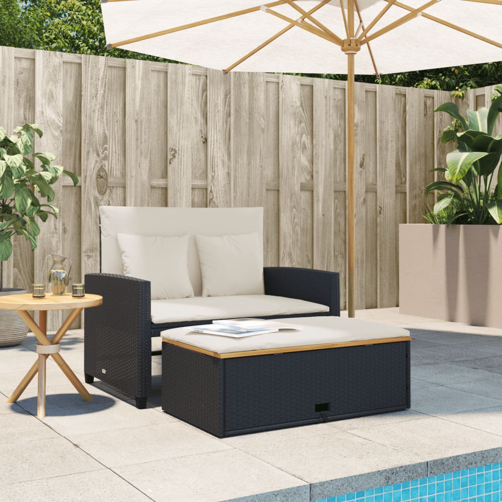 Garden Sofa with Cushions 2-Seater Black Poly Rattan&Acacia Wood