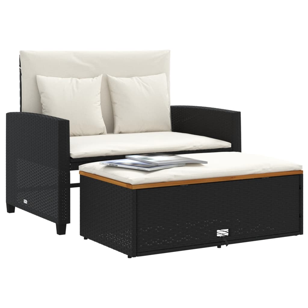 Garden Sofa with Cushions 2-Seater Black Poly Rattan&Acacia Wood