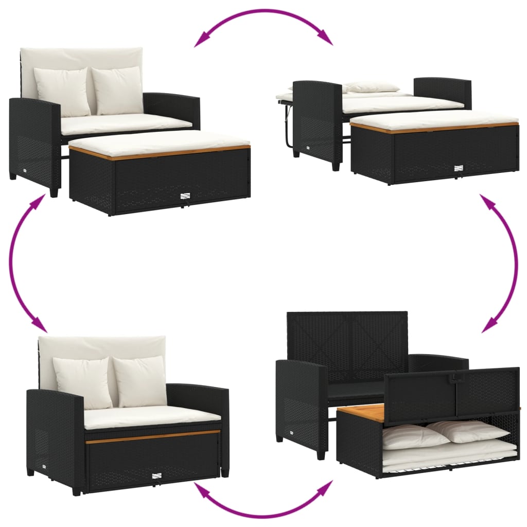 Garden Sofa with Cushions 2-Seater Black Poly Rattan&Acacia Wood