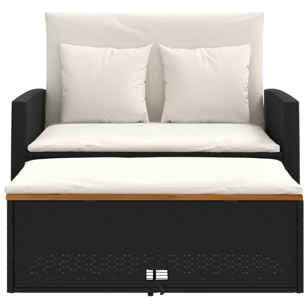 Garden Sofa with Cushions 2-Seater Black Poly Rattan&Acacia Wood