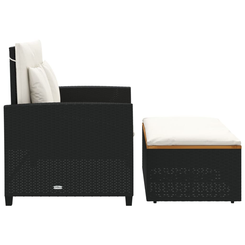 Garden Sofa with Cushions 2-Seater Black Poly Rattan&Acacia Wood