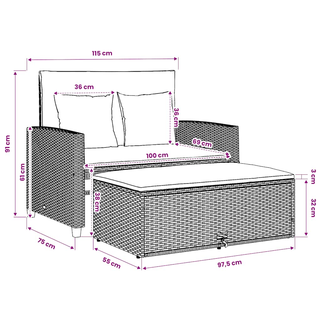 Gartensofa mit Kissen 2-Sitzer Schwarz Poly Rattan&Akazienholz