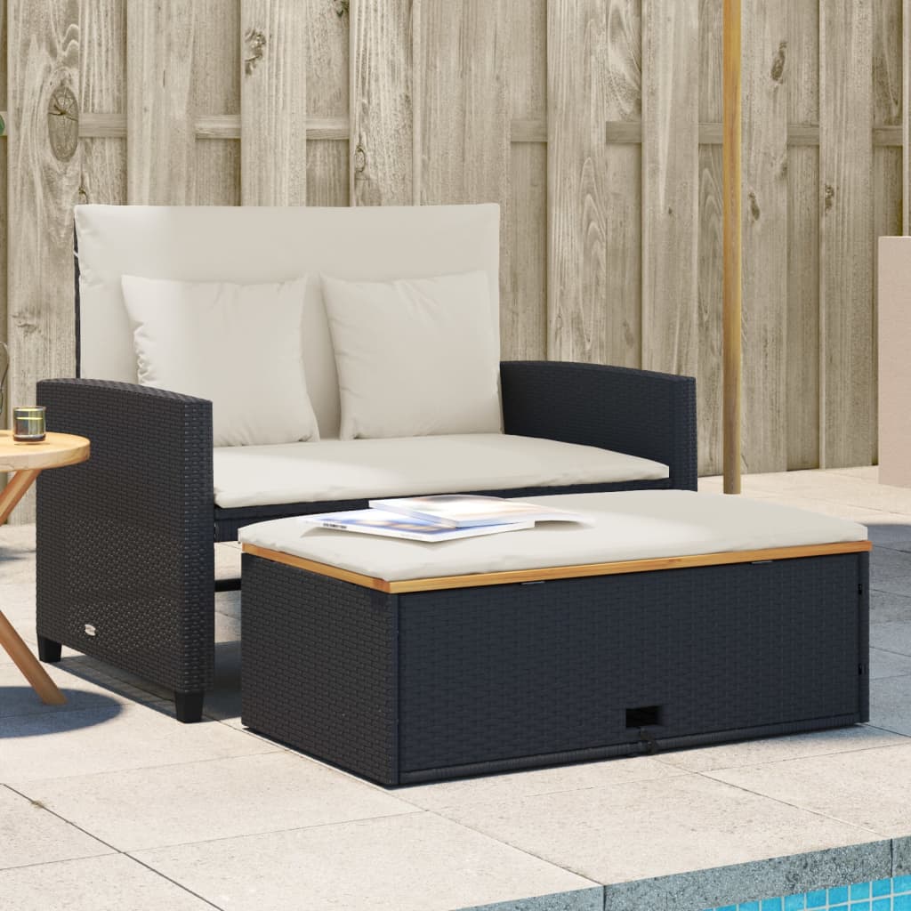 Garden Sofa with Cushions 2-Seater Black Poly Rattan&Acacia Wood