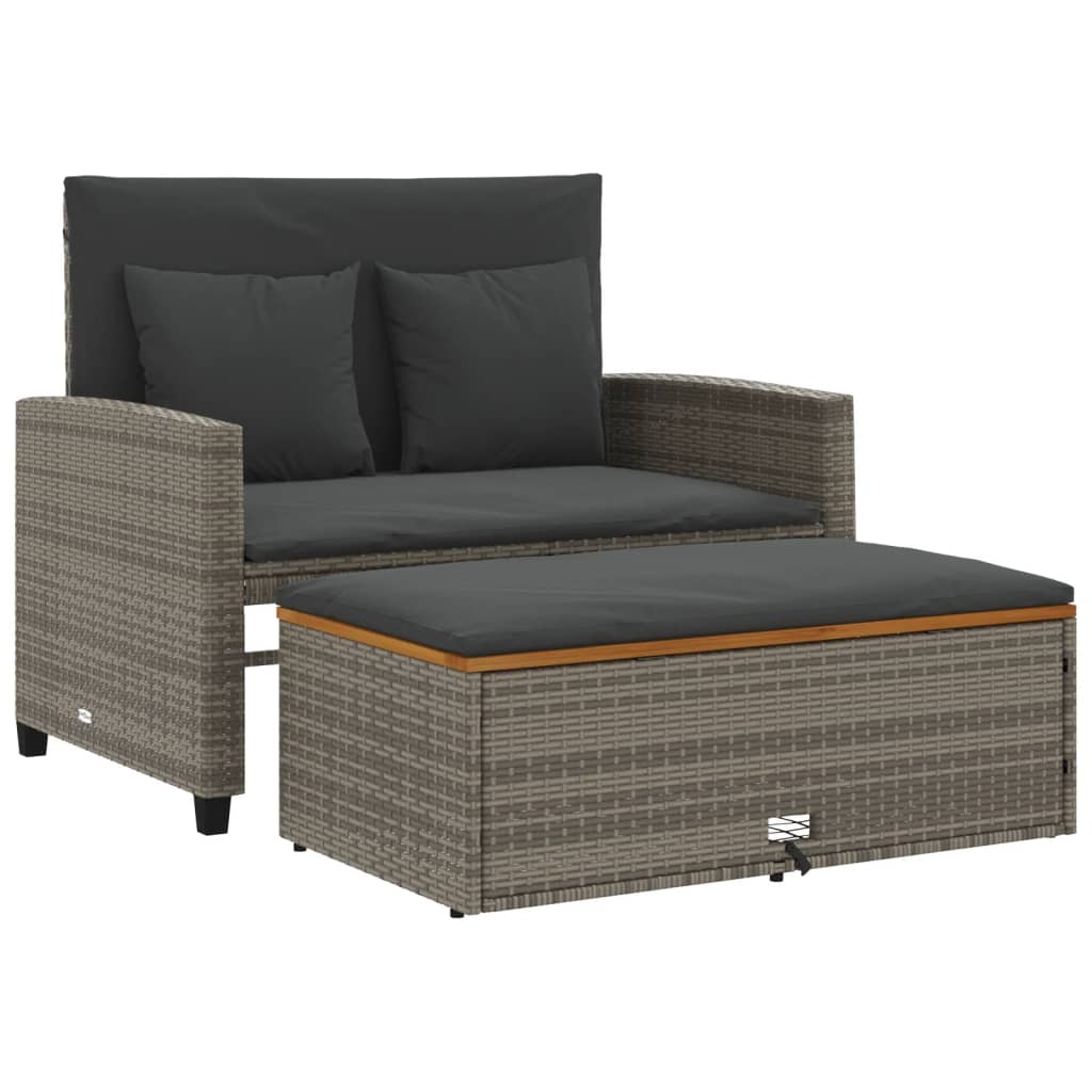 Garden Sofa with Cushions 2-Seater Grey Poly Rattan & Acacia Wood