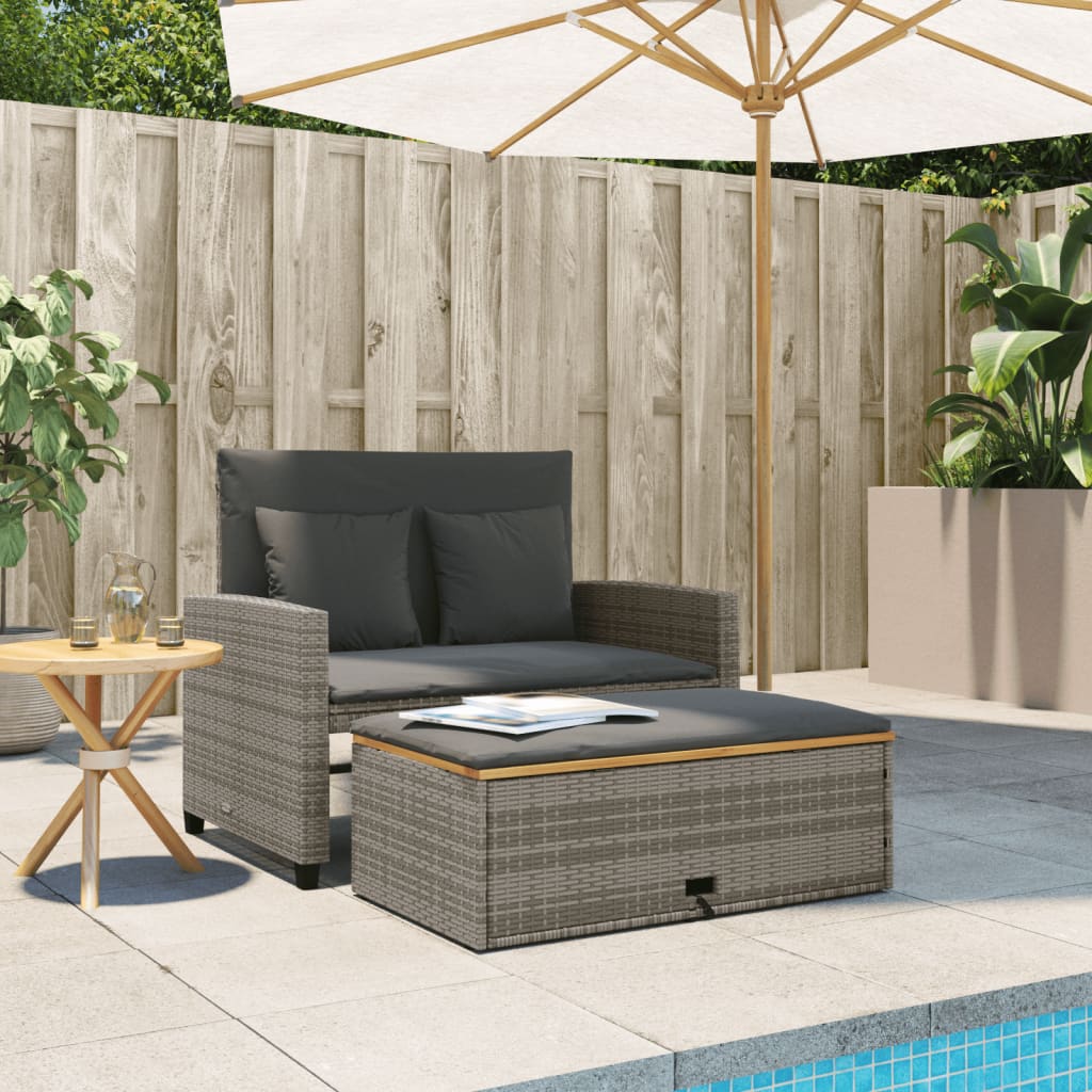Garden Sofa with Cushions 2-Seater Grey Poly Rattan & Acacia Wood