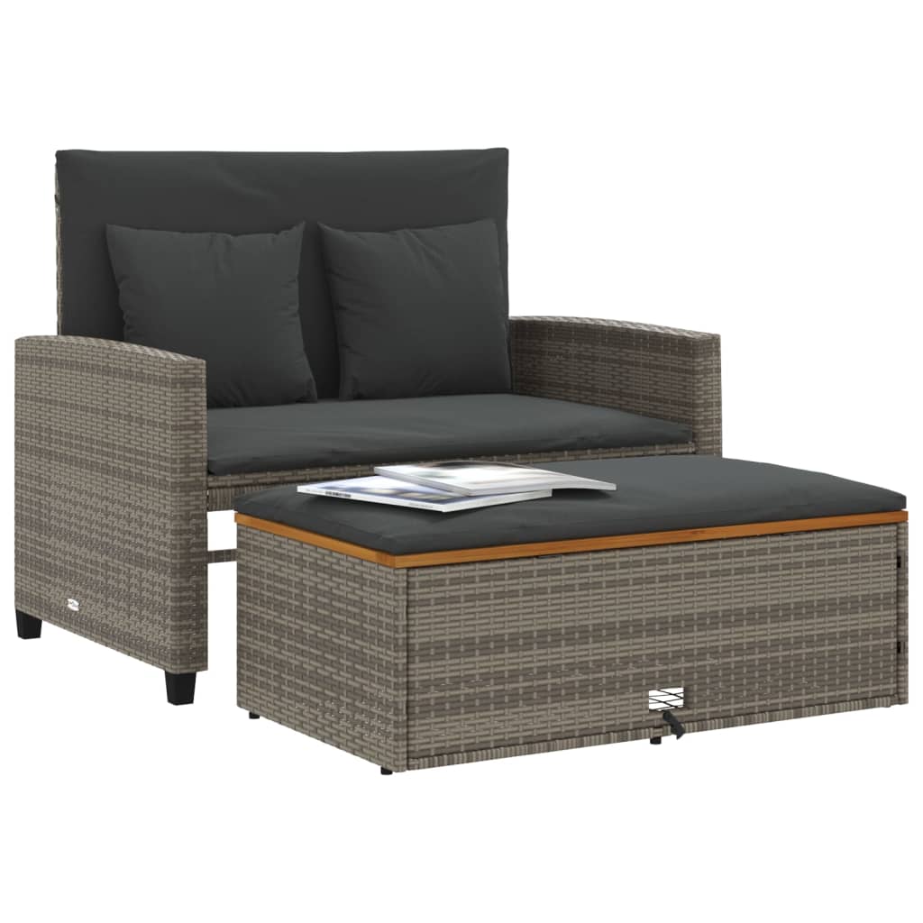 Garden Sofa with Cushions 2-Seater Grey Poly Rattan & Acacia Wood