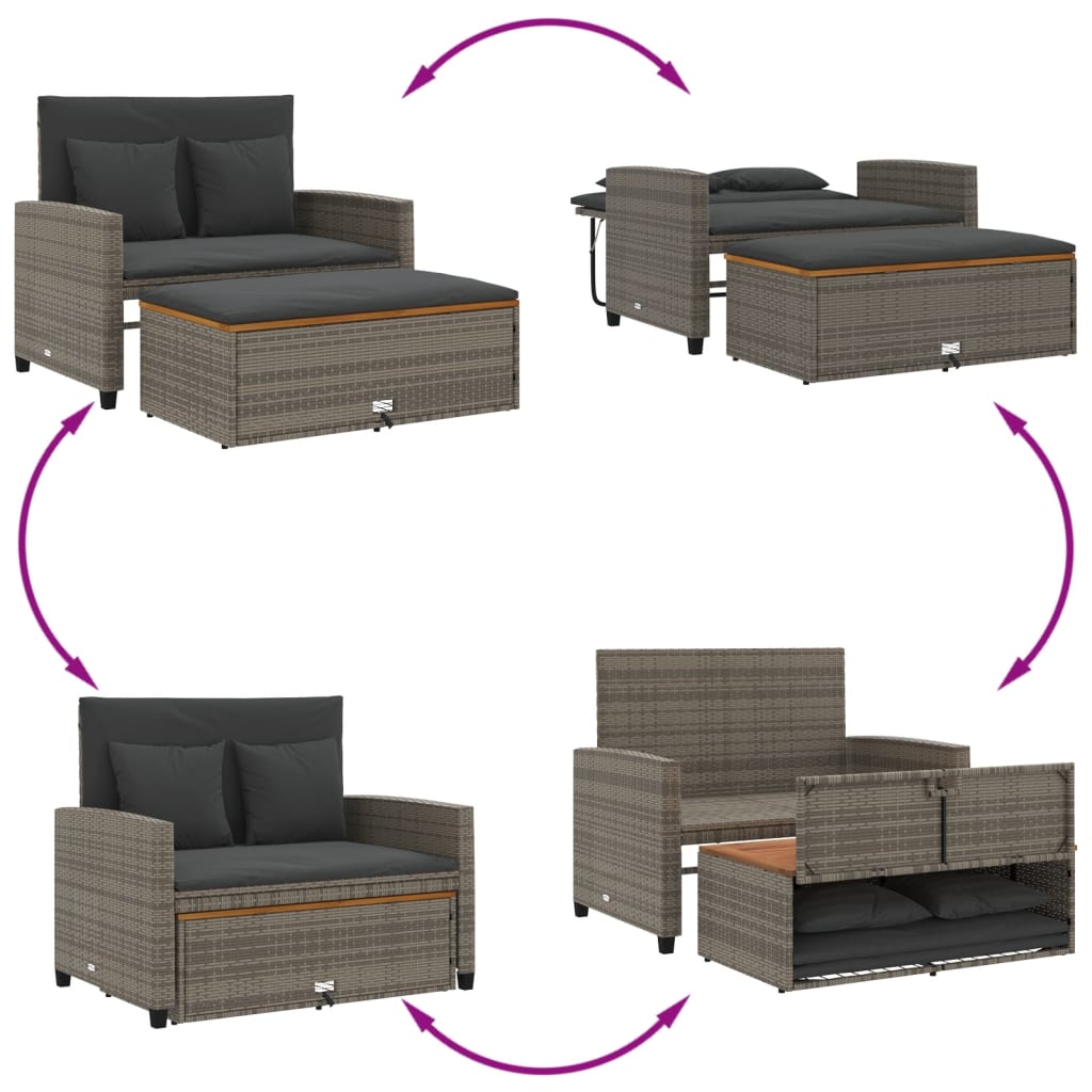 Garden Sofa with Cushions 2-Seater Grey Poly Rattan & Acacia Wood