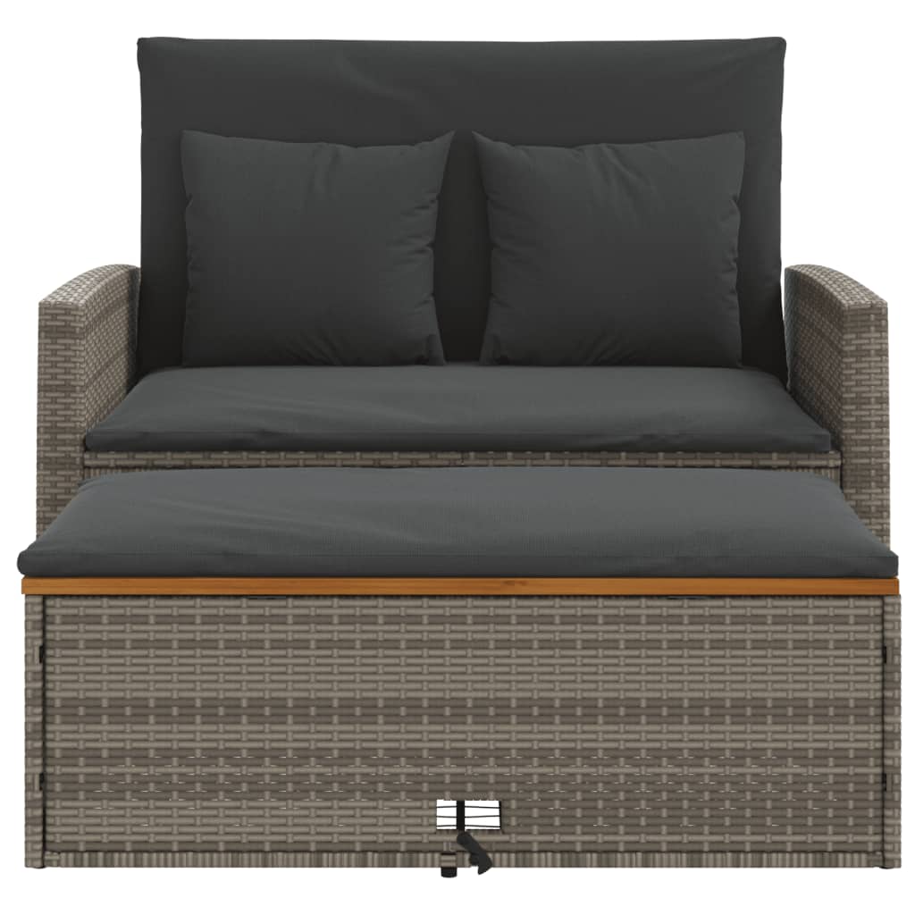 Garden Sofa with Cushions 2-Seater Grey Poly Rattan & Acacia Wood