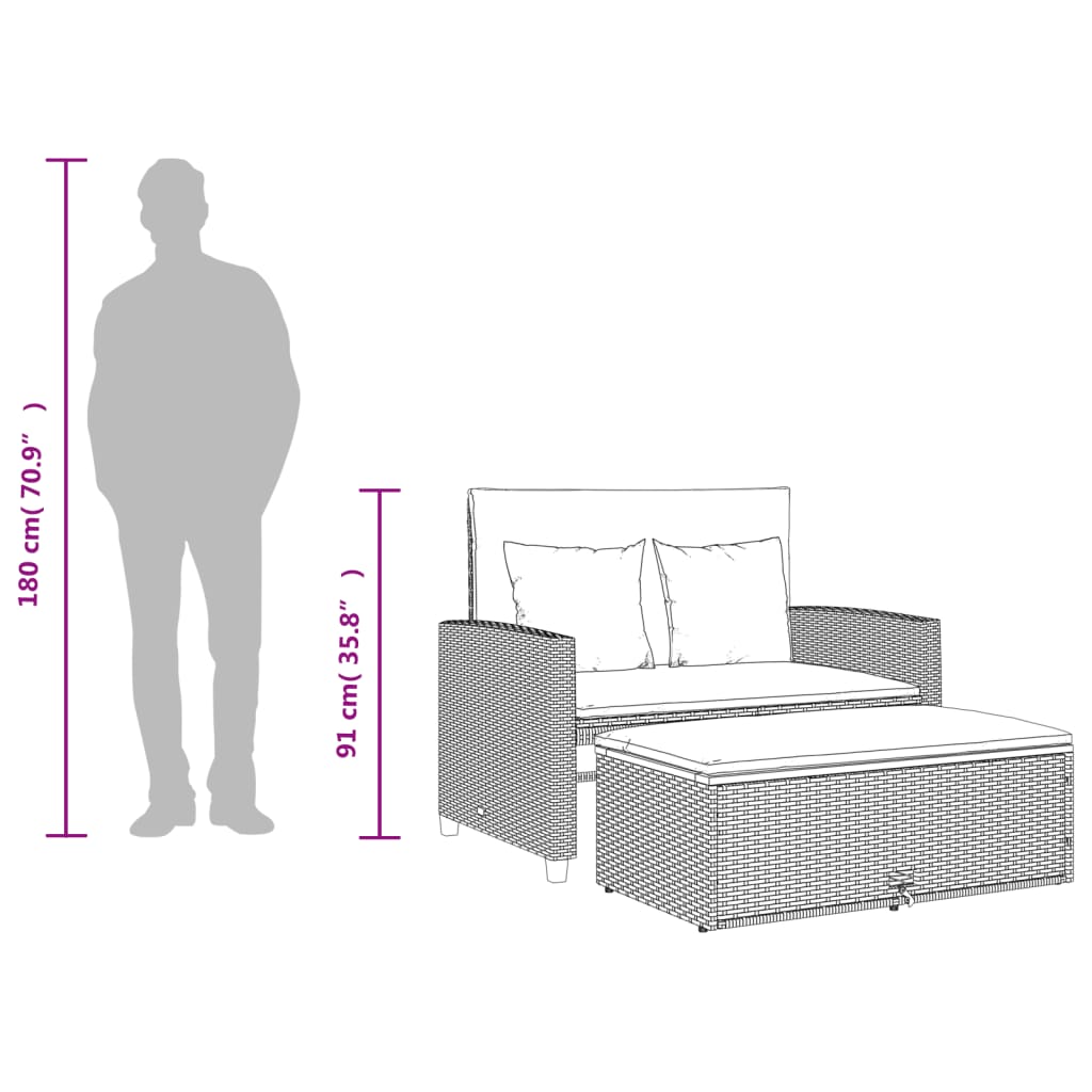 Garden Sofa with Cushions 2-Seater Grey Poly Rattan & Acacia Wood