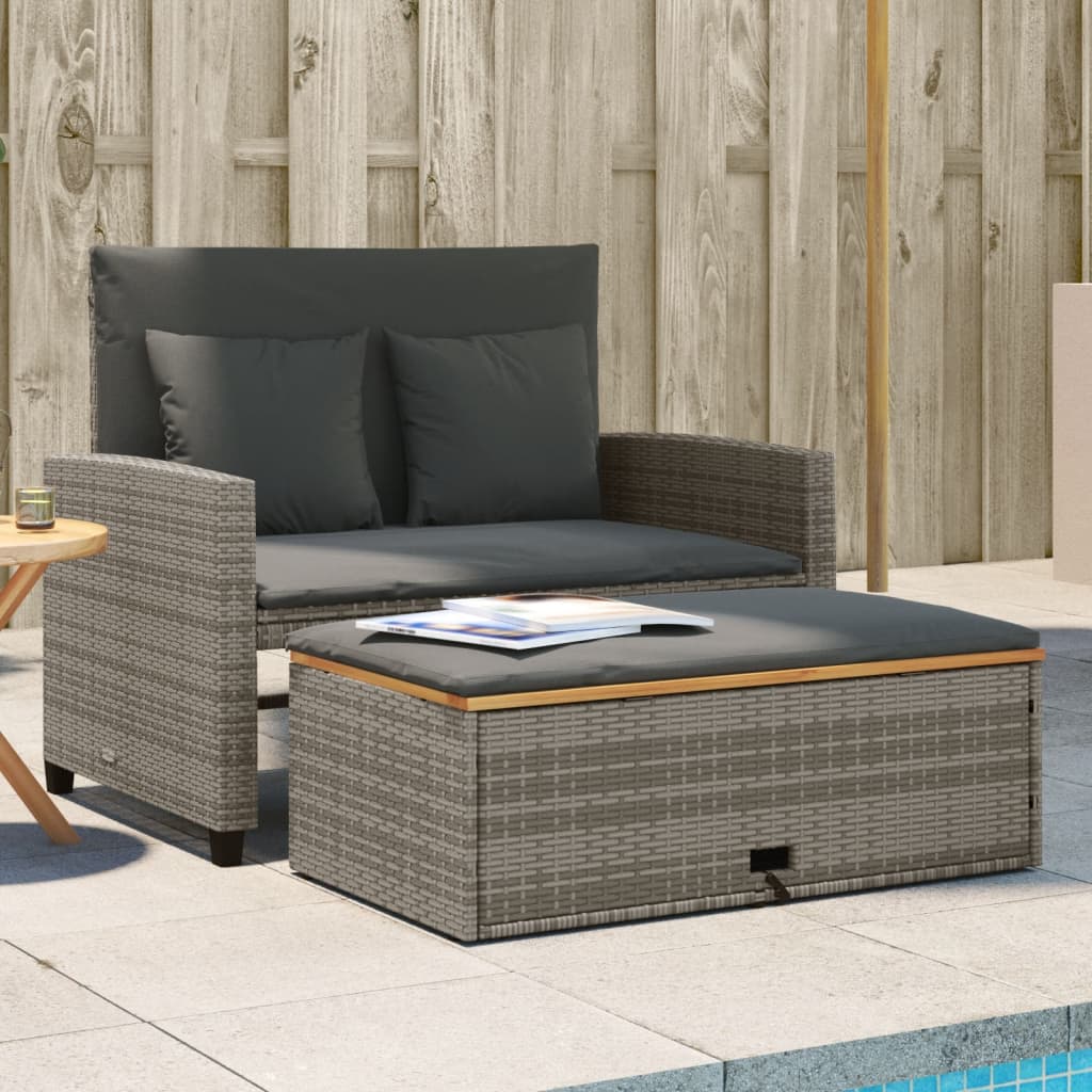 Garden Sofa with Cushions 2-Seater Grey Poly Rattan & Acacia Wood