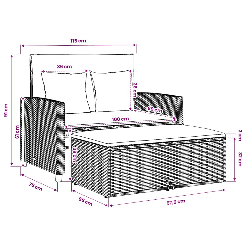 Gartensofa mit Kissen 2-Sitzer Beige Poly Rattan & Akazienholz