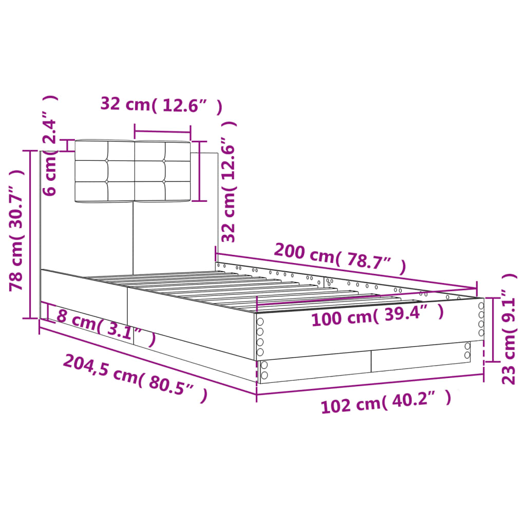 Bettgestell mit Kopfteil Grau Sonoma 100x200 cm Holzwerkstoff