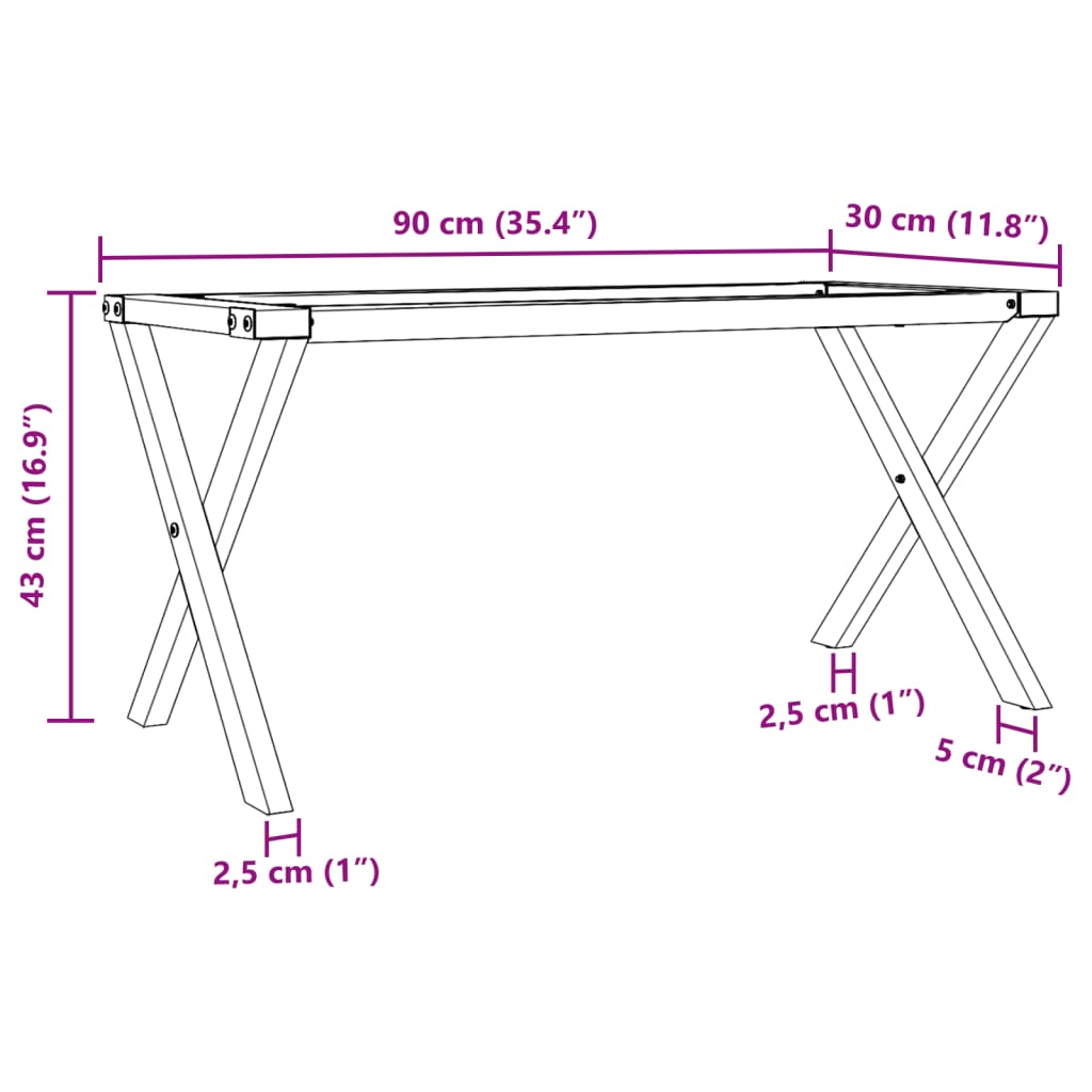 Table basse en X, structure en acier 90x30x43 cm