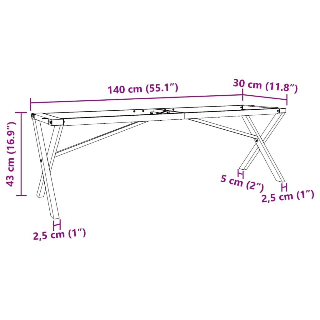 X-shaped coffee table frame 140x30x43 cm cast iron