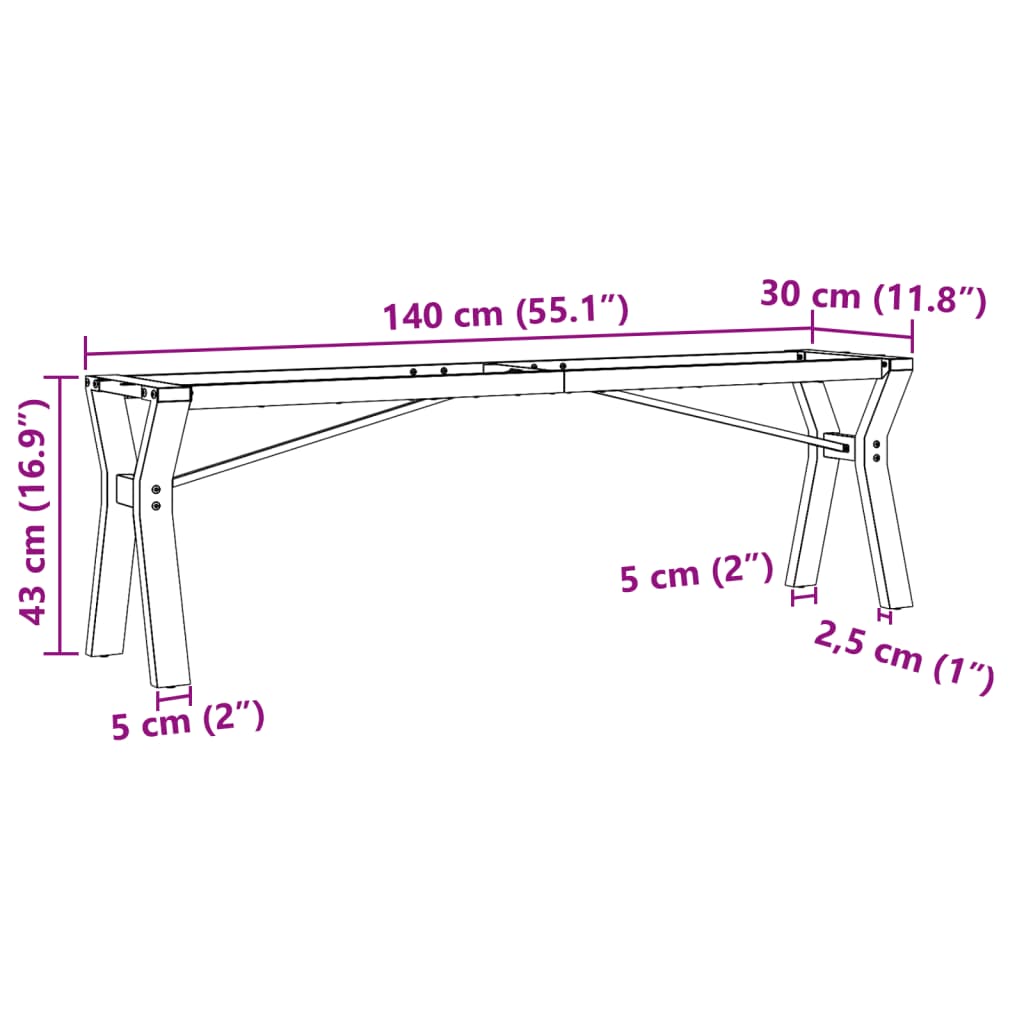 Table basse en Y avec structure en acier 140x30x43 cm