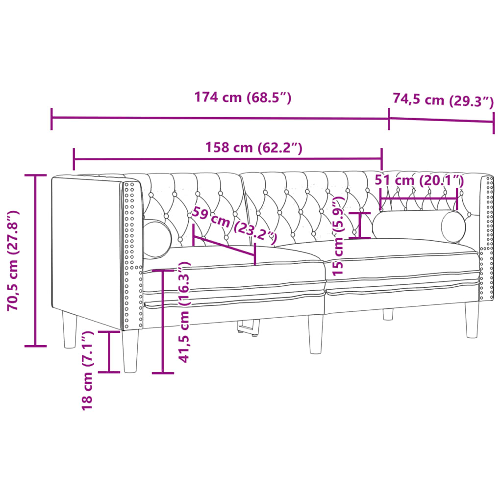 3-tlg. Chesterfield-Sofa-Set mit Nackenrollen Rosa Samt