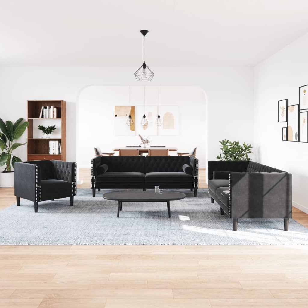 3-tlg. Chesterfield-Sofa-Set mit Nackenrollen Schwarz Samt